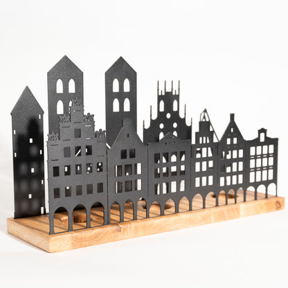 Münster Skyline Teelichthalter - Eichenholz und Metall (Schwarz) - Vorderseite