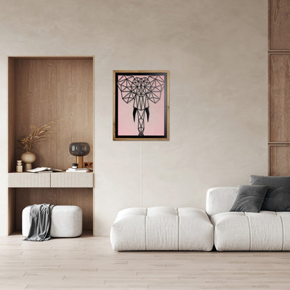 Prismis Wandbild Stahl Schwarz und Eichenholzrahmen - Elefant - mit LED Beleuchtung Rosa