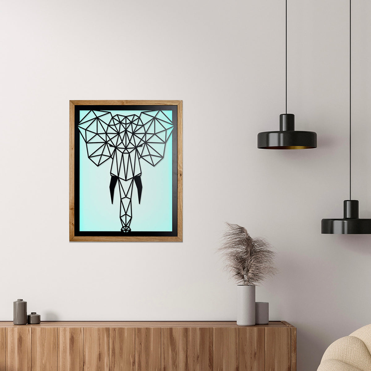 Prismis Wandbild Stahl mit Eichenholzrahmen - Elefant - mit LED Beleuchtung 