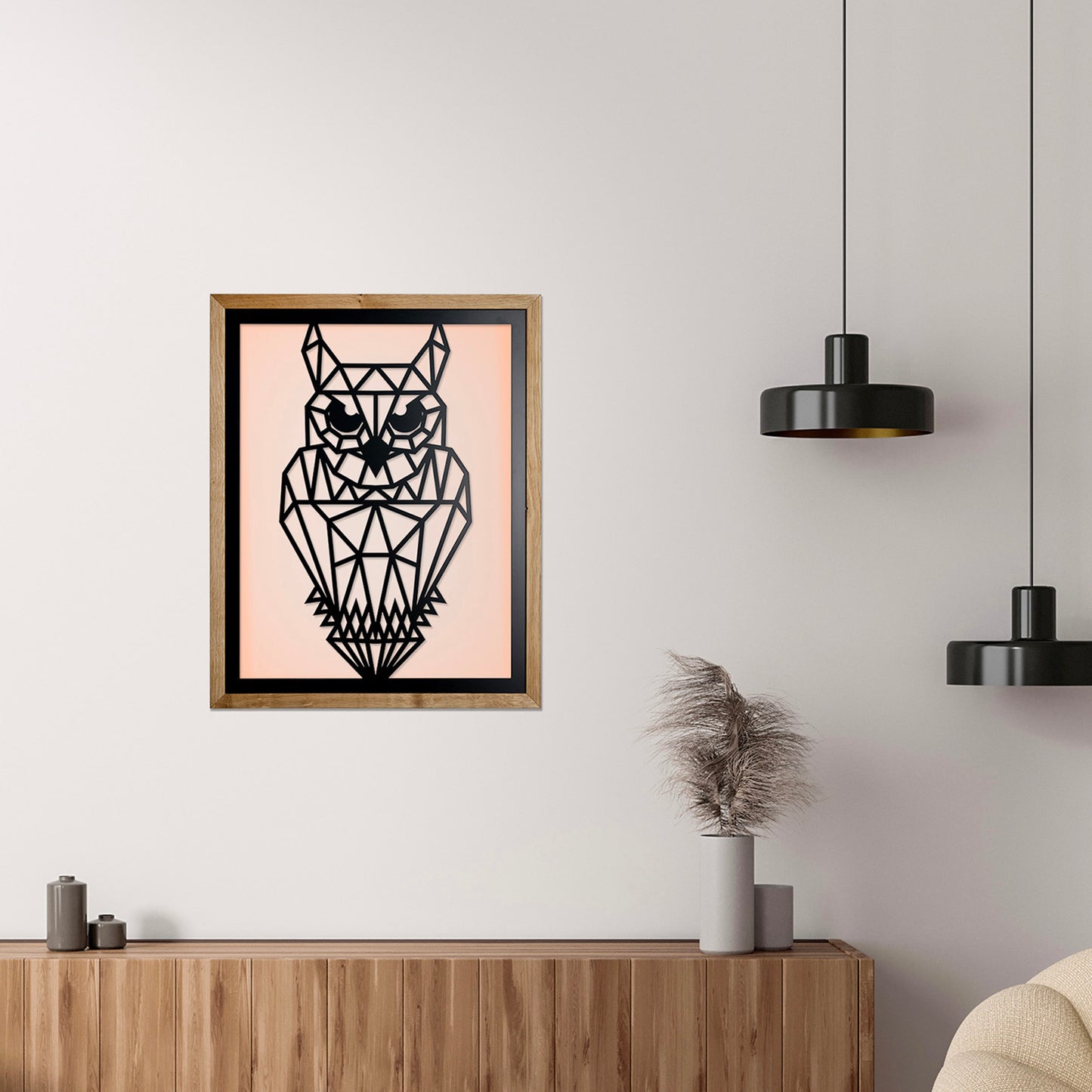 Prismis Wandbild Stahl mit Eichenholzrahmen - Eule - mit LED Beleuchtung 