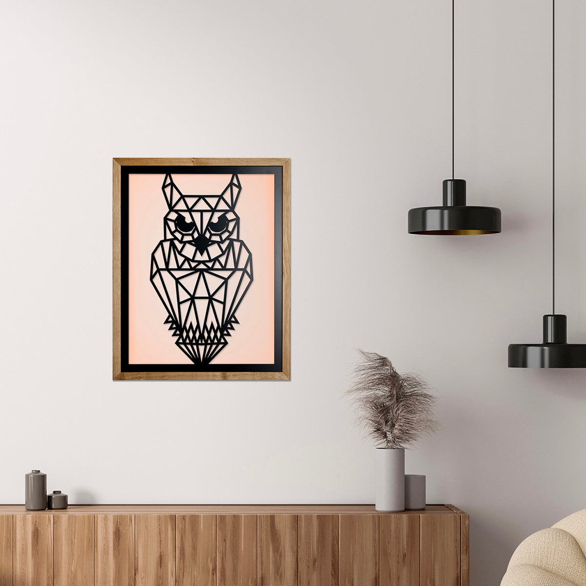 Prismis Wandbild Stahl mit Eichenholzrahmen - Eule - mit LED Beleuchtung 