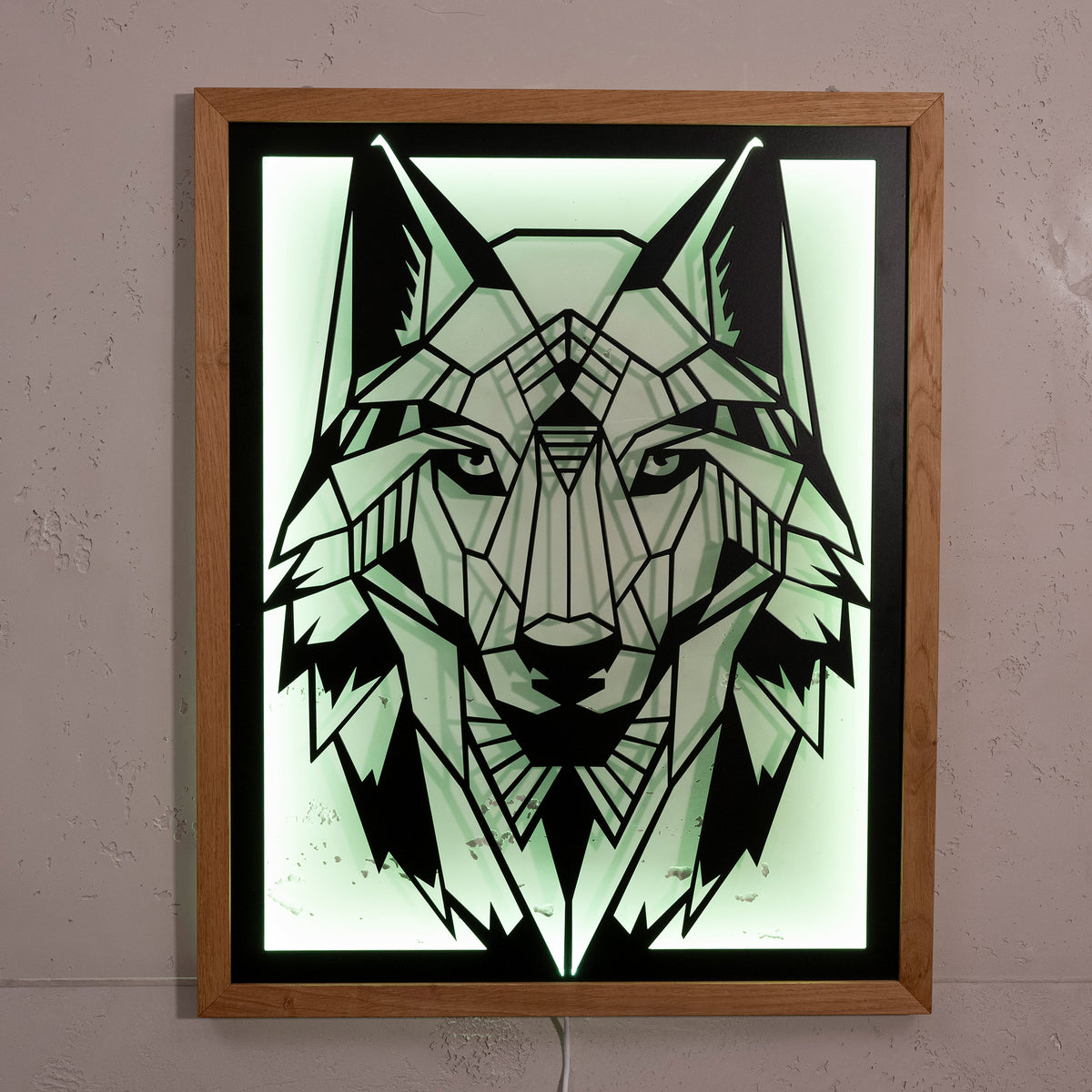 Prismis Wandbild Wolf aus Stahl mit LED-Beleuchtung - Grün leuchtend